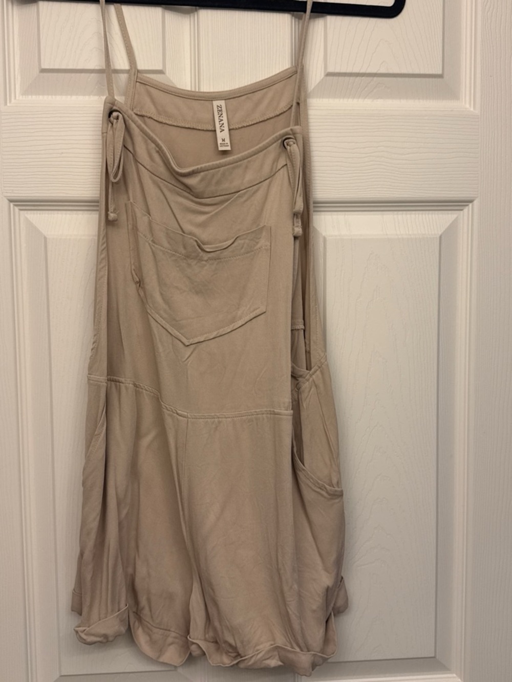 Zenana Outfitters Beige Tie‑Strap Pocket Romper